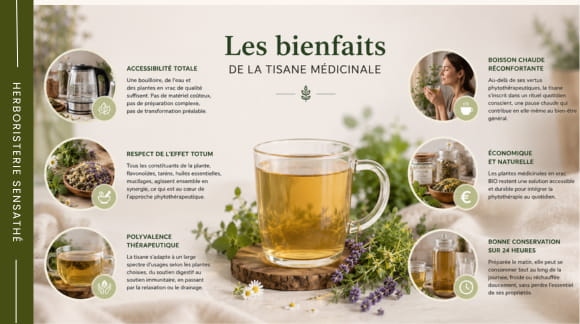 Illustration des principaux bienfaits d'une tisane médicinale maison préparée à partir de plantes en vrac - Herboristerie Sensathé